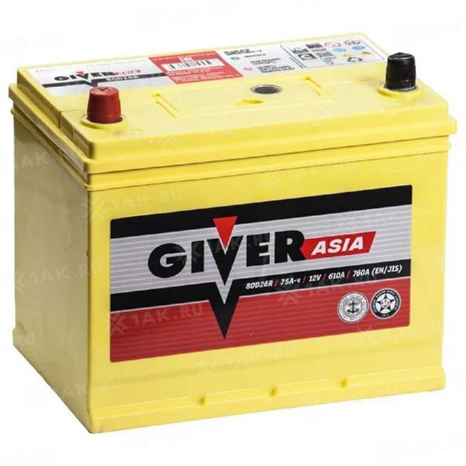 Аккумулятор GIVER ASIA (75 Ah, 12 V) Прямая, L+ D26 арт.GiverA 75-З-L 0