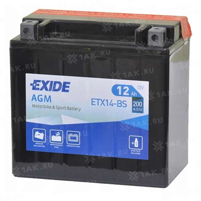 Аккумулятор EXIDE BIKE (12 Ah, 12 V) Прямая, L+ ETX14-BS арт.ETX14-BS 0