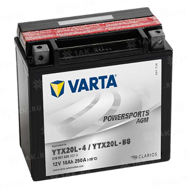 Аккумулятор VARTA Powersports AGM (18 Ah, 12 V) Обратная, R+ YTX20L-BS арт.518901026-549676 0