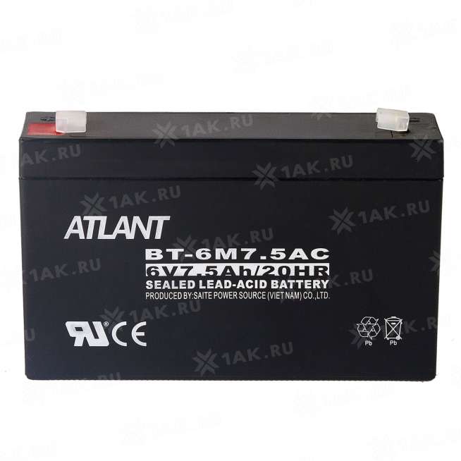 Аккумулятор ATLANT (7.5 Ah,6 V) AGM 151x34x94 мм 1.12 кг 0