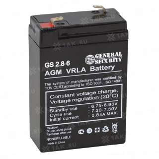 Аккумулятор GS (2.8 Ah,6 V) AGM 67x34x103 мм 0.58 кг