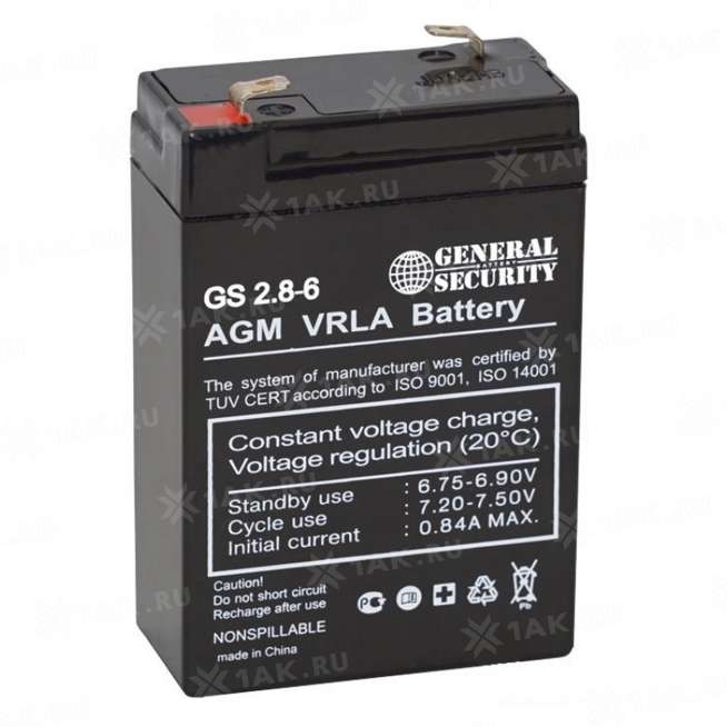 Аккумулятор GS (2.8 Ah,6 V) AGM 67x34x103 мм 0.58 кг 0