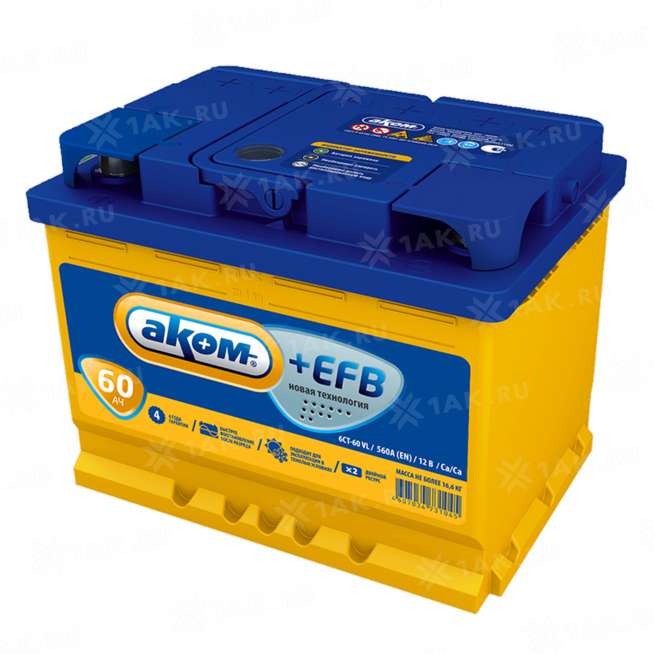 Аккумулятор AKOM +EFB (60Ач, 12 V) Прямая, L+ L2 арт.6СТ-60VL 0