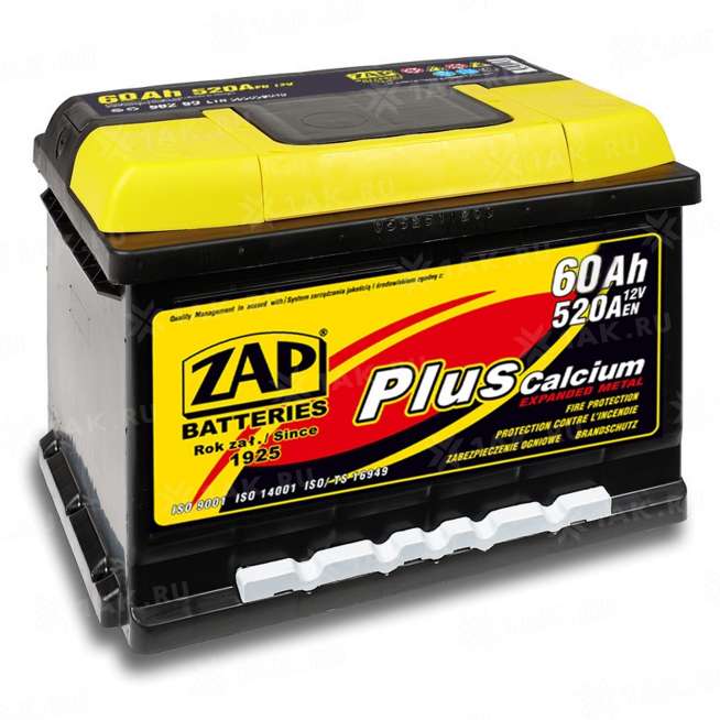 Аккумулятор ZAP PLUS (60 Ah, 12 V) Прямая, L+ L2 арт.560 65 0