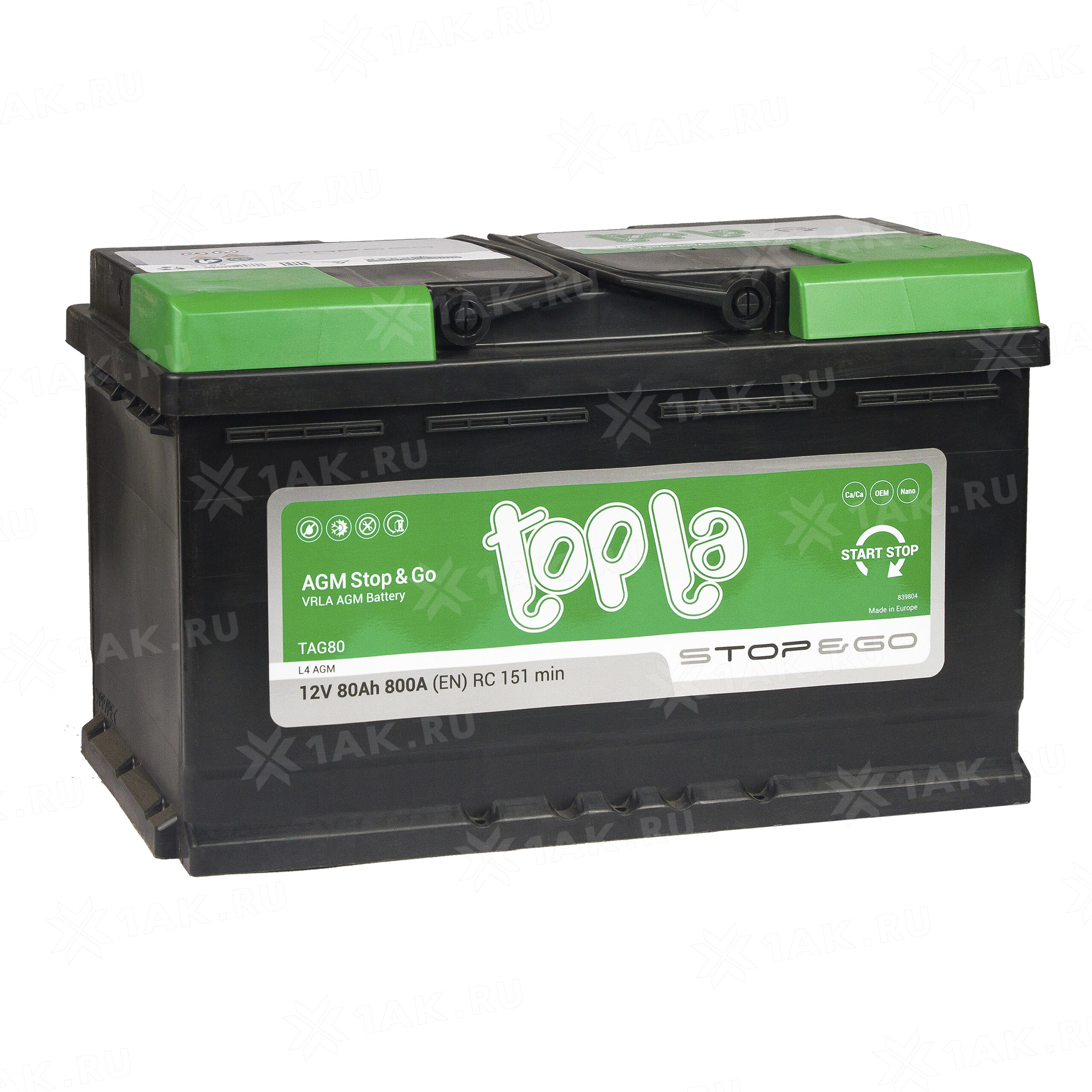 Аккумулятор TOPLA AGM Stop & Go (80 Ah, 12 V) Обратная, R+ L4 арт.114080