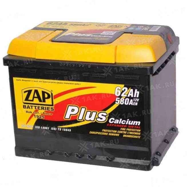 Аккумулятор ZAP PLUS (62 Ah, 12 V) Обратная, R+ L2 арт.562 95 0