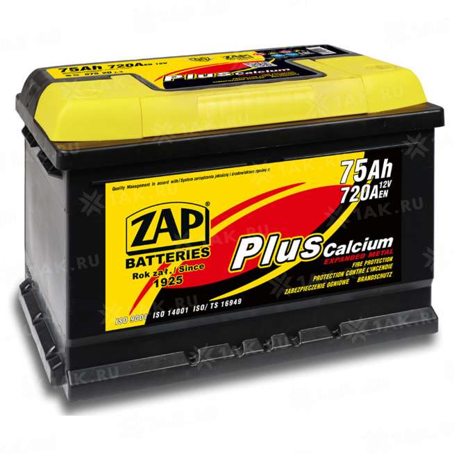Аккумулятор ZAP PLUS (75 Ah, 12 V) Прямая, L+ L3 арт.575 19 0