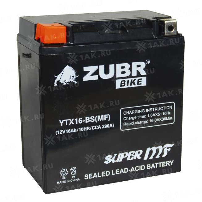 Аккумулятор ZUBR (16 Ah, 12 V) Прямая, L+ YTX16-BS арт.YTX16-BS (MF) 0