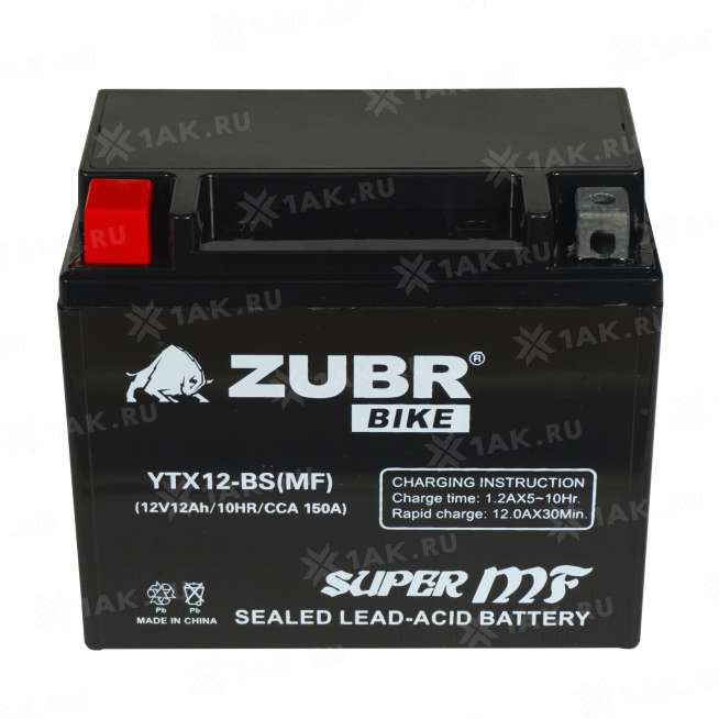 Аккумулятор ZUBR (12 Ah, 12 V) Прямая, L+ YTX12-BS арт.YTX12-BS (MF) 0