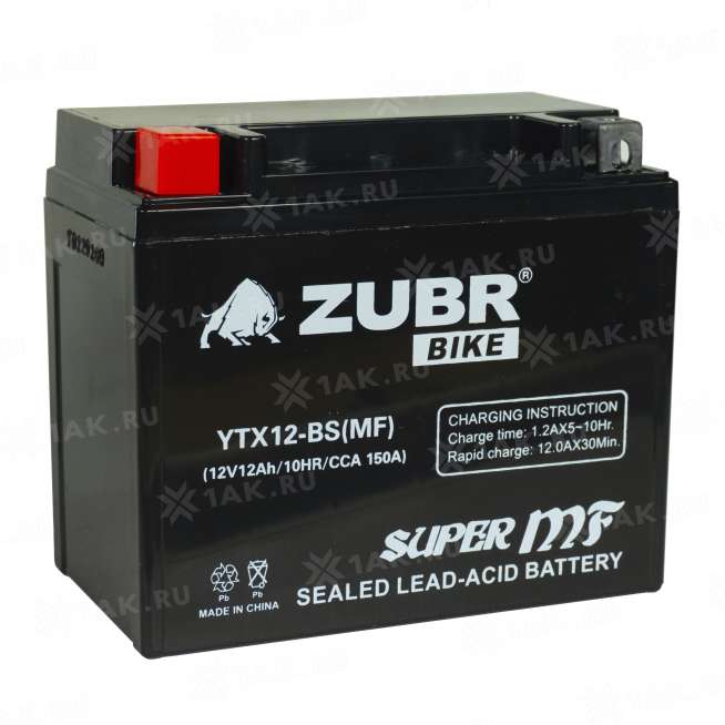 Аккумулятор ZUBR (12 Ah, 12 V) Прямая, L+ YTX12-BS арт.YTX12-BS (MF) 1
