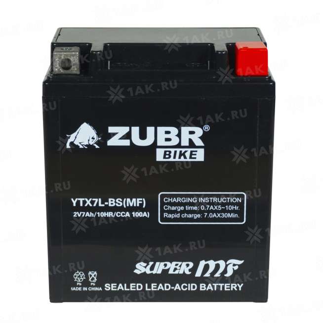 Аккумулятор ZUBR (7 Ah, 12 V) Обратная, R+ YTX7L-BS арт.YTX7L-BS (MF) 1