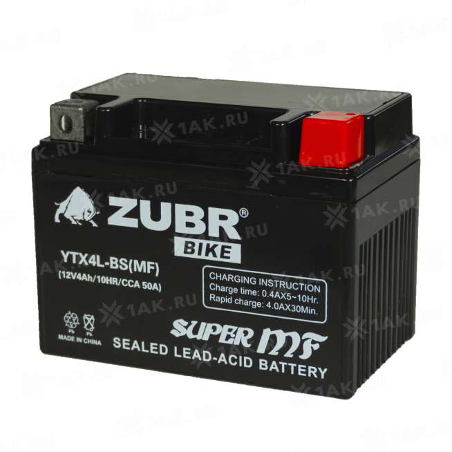 Аккумулятор ZUBR (4 Ah, 12 V) Обратная, R+ YTX4L-BS арт.YTX4L-BS (MF) 0