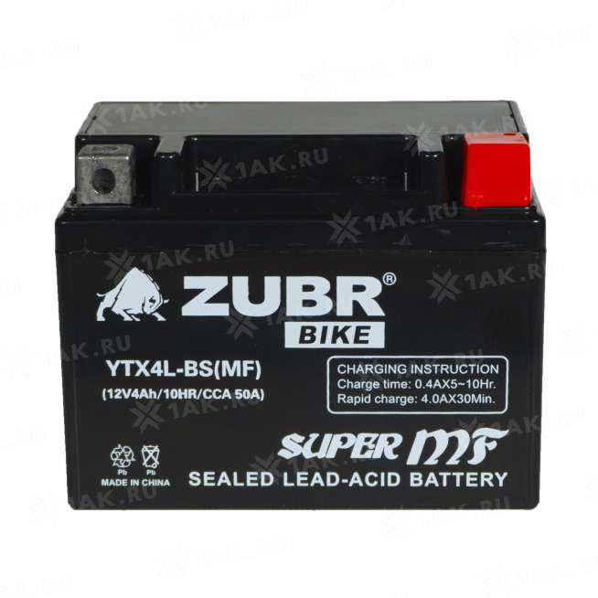 Аккумулятор ZUBR (4 Ah, 12 V) Обратная, R+ YTX4L-BS арт.YTX4L-BS (MF) 1