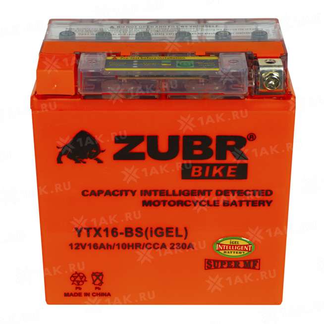 Аккумулятор ZUBR (16 Ah, 12 V) Прямая, L+ YTX16-BS арт.YTX16-BS (iGEL) 0