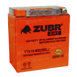 Аккумулятор ZUBR (16 Ah, 12 V) L+ YTX16-BS арт.YTX16-BS (iGEL)