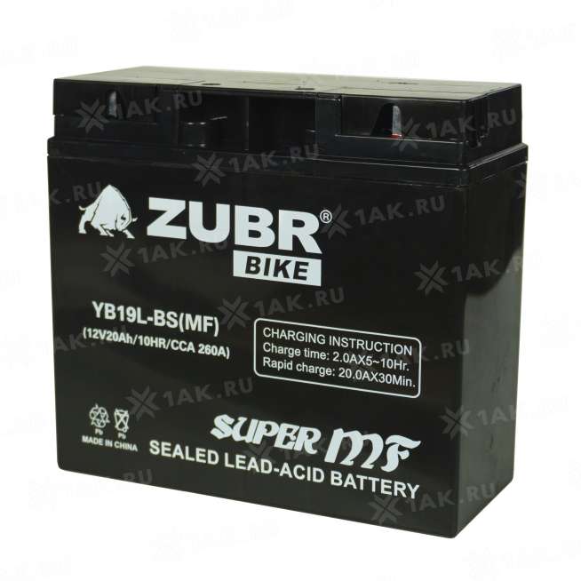 Аккумулятор ZUBR (20 Ah, 12 V) Обратная, R+ YB19L-BS арт.YB19L-BS (MF) 0