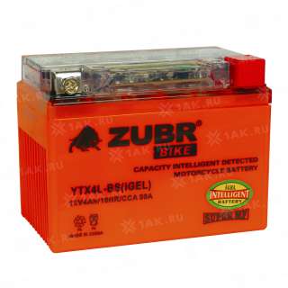 Аккумулятор ZUBR (4 Ah, 12 V) R+ YTX4L-BS арт.YTX4L-BS (iGEL)