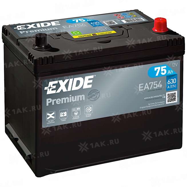 Аккумулятор EXIDE PREMIUM (75 Ah, 12 V) Обратная, R+ D26 арт.EA754 0