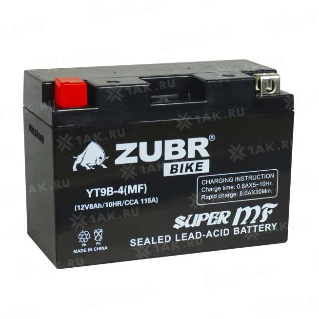 Аккумулятор ZUBR (8 Ah, 12 V) Прямая, L+ YT9B-4 арт.YT9B-4 (MF) 1