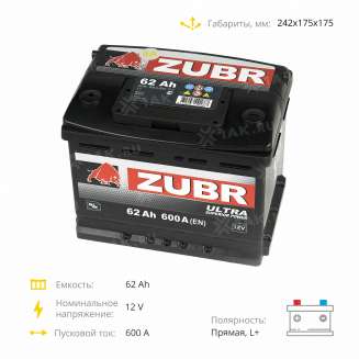 Аккумулятор ZUBR Ultra (62 Ah, 12 V) Прямая, L+ LB2 арт.ZU621 4