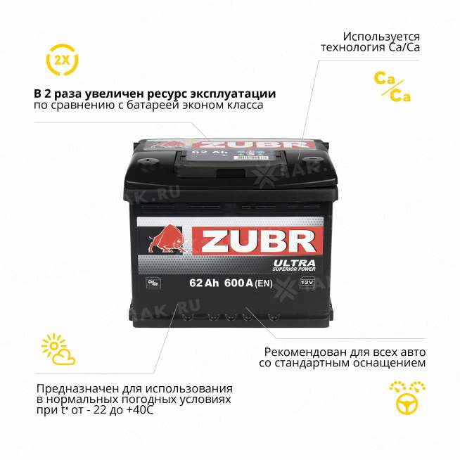 Аккумулятор ZUBR Ultra (62 Ah, 12 V) Прямая, L+ LB2 арт.ZU621 3