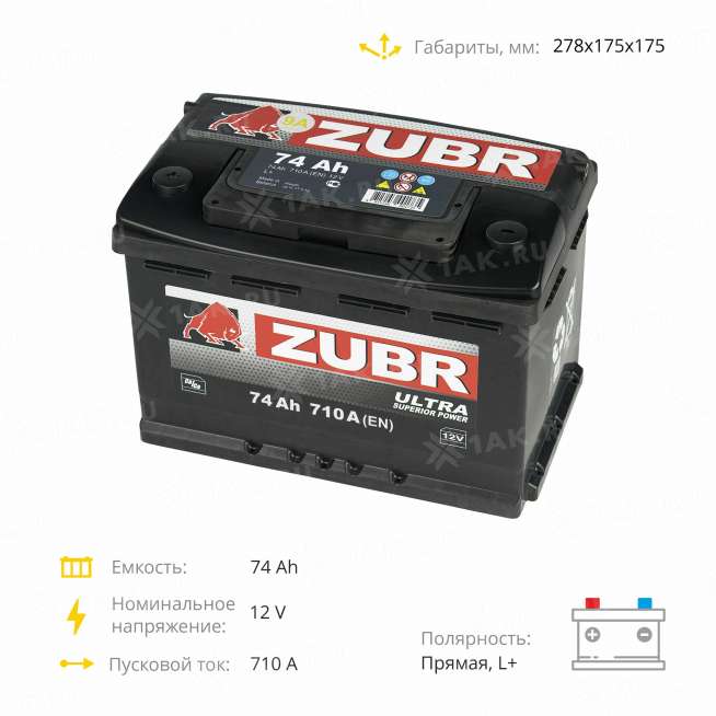 Аккумулятор ZUBR Ultra (74 Ah, 12 V) Прямая, L+ LB3 арт.ZU741 4