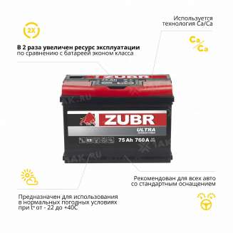 Аккумулятор ZUBR Ultra (75 Ah, 12 V) Прямая, L+ L3 арт.ZU751 3