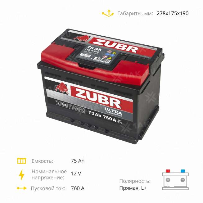 Аккумулятор ZUBR Ultra (75 Ah, 12 V) L+ L3 арт.ZU751 3
