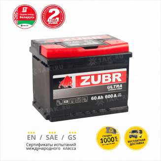 Аккумулятор ZUBR Ultra (60 Ah, 12 V) Обратная, R+ L2 арт.ZU600 2