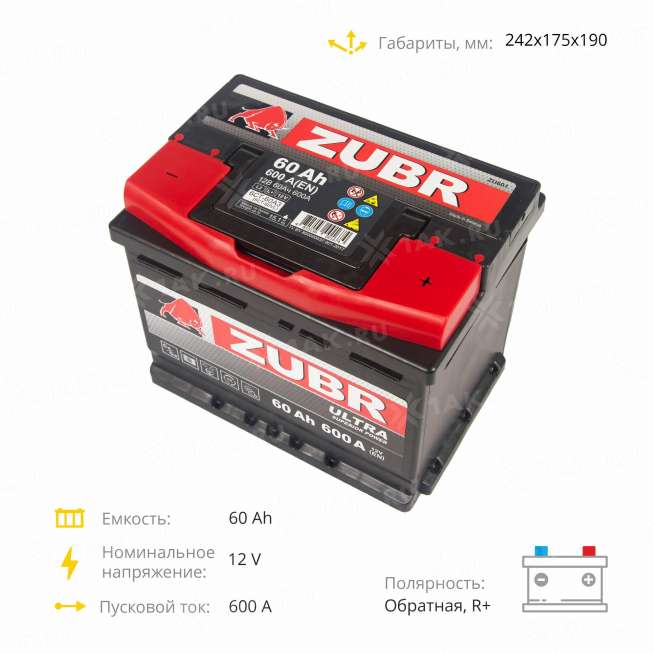 Аккумулятор ZUBR Ultra (60 Ah, 12 V) Обратная, R+ L2 арт.ZU600 4