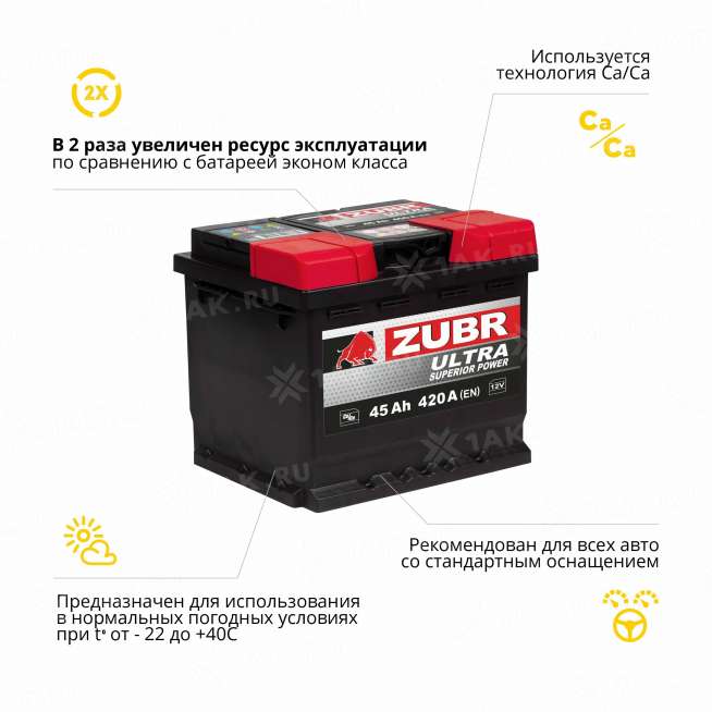 Аккумулятор ZUBR Ultra (45 Ah, 12 V) Обратная, R+ L1 арт.ZU450 3