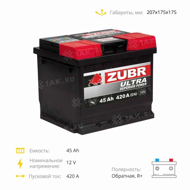 Аккумулятор ZUBR Ultra (45 Ah, 12 V) Обратная, R+ L1 арт.ZU450 4