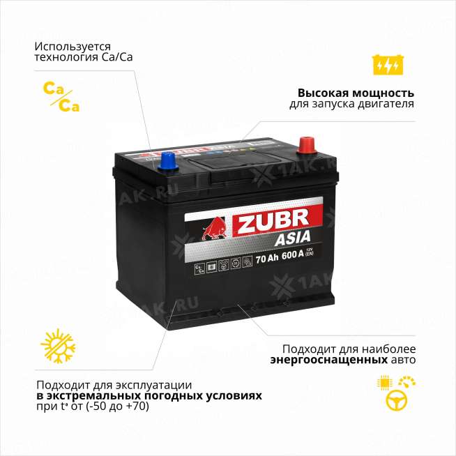 Аккумулятор ZUBR Ultra Asia (70 Ah, 12 V) Обратная, R+ D26 арт.ZSA700 3