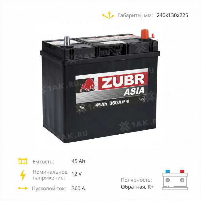 Аккумулятор ZUBR Ultra Asia (45 Ah, 12 V) Обратная, R+ B24 арт.676143 3
