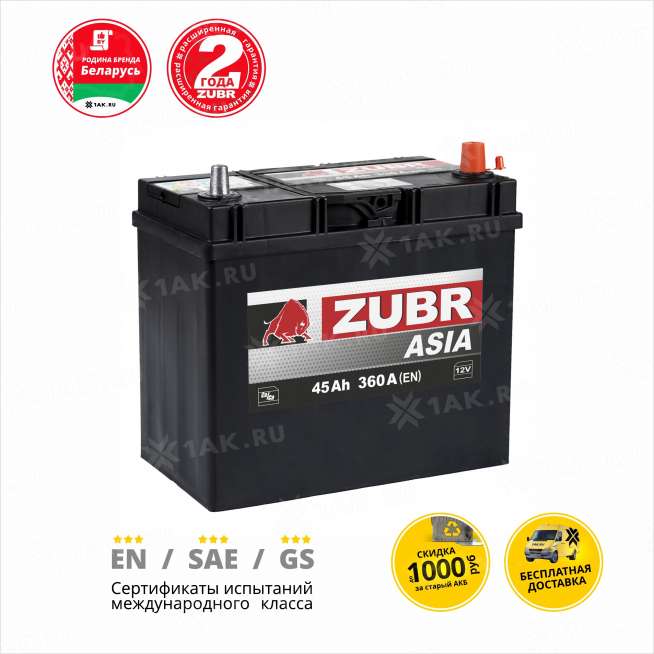 Аккумулятор ZUBR Ultra Asia (45 Ah, 12 V) Обратная, R+ B24 арт.676143 1