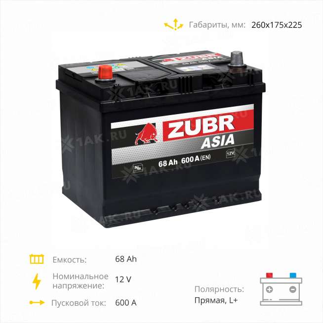 Аккумулятор ZUBR Ultra Asia (68 Ач, 12 V) Прямая, L+ D26 арт.676149 3