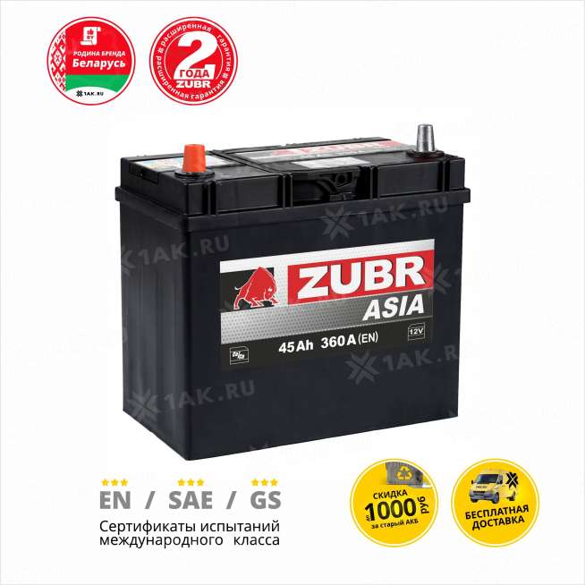 Аккумулятор ZUBR Ultra Asia (45 Ah, 12 V) Прямая, L+ B24 арт.676144 1