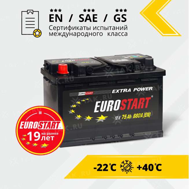 Аккумулятор EUROSTART Extra Power (75 Ah, 12 V) Прямая, L+ L3 арт.EU751 2