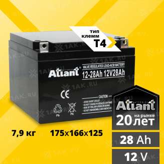 Аккумулятор ATLANT (28 Ah,12 V) AGM 175x166x125 мм 7.9 кг 0
