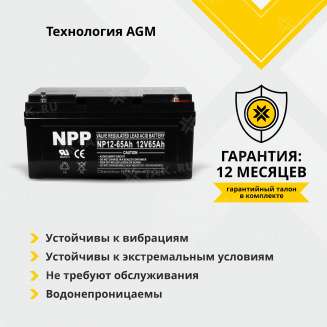 Аккумулятор NPP (65 Ah,12 V) AGM 350x167x182 мм 20.4 кг 2