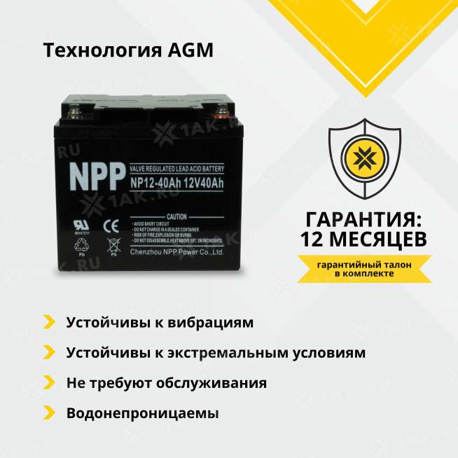 Аккумулятор NPP (40 Ah,12 V) AGM 198x166x171 мм 12.5 кг 0