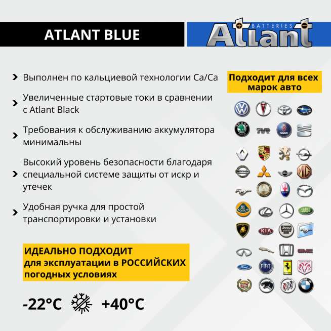 Аккумулятор ATLANT Blue Asia (45 Ah, 12 V) Прямая, L+ B24 арт.ATA451 4