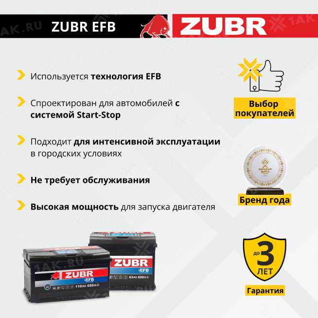 Аккумулятор ZUBR EFB (78 Ah, 12 V) Обратная, R+ L3 арт.ZE780 4