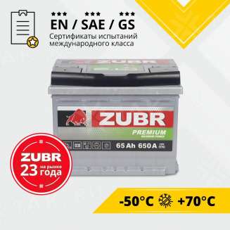 Аккумулятор ZUBR Premium (65 Ah, 12 V) Прямая, L+ LB2 арт.ZP651 2