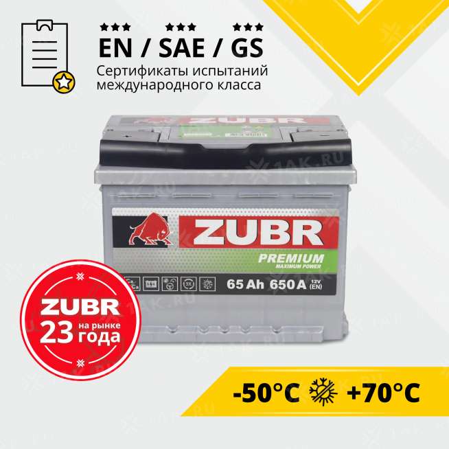 Аккумулятор ZUBR Premium (65 Ah, 12 V) Обратная, R+ LB2 арт.ZP650 2