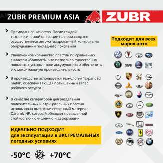 Аккумулятор ZUBR Premium Asia (65 Ah, 12 V) Прямая, L+ D23 арт.ZPA651 5