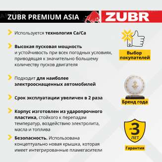 Аккумулятор ZUBR Premium Asia (40 Ah, 12 V) Обратная, R+ B19 арт.ZPA400 3