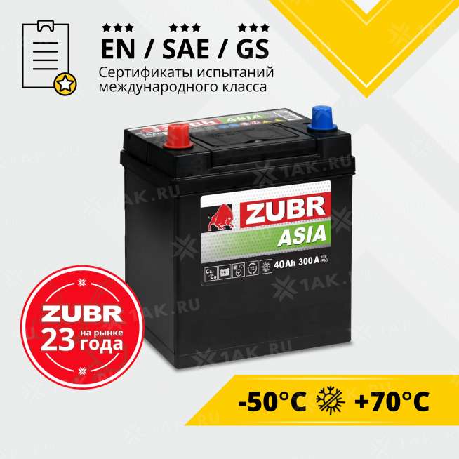 Аккумулятор ZUBR Premium Asia (40 Ah, 12 V) Прямая, L+ B19 арт.ZPA401 1