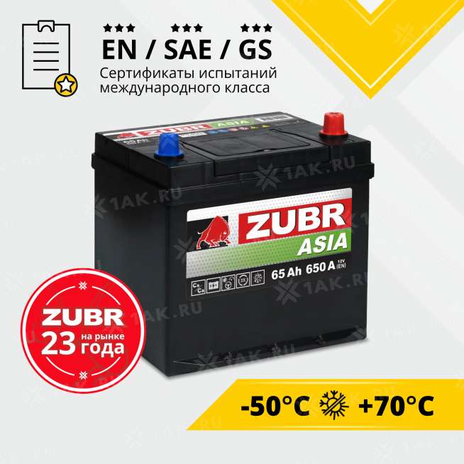 Аккумулятор ZUBR Premium Asia (65 Ah, 12 V) Обратная, R+ D23 арт.ZPA650 2