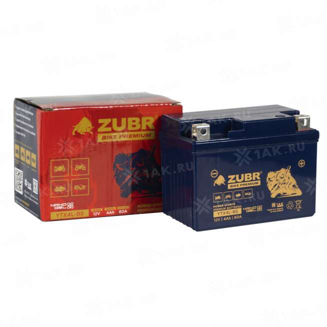 Аккумулятор ZUBR (4 Ah, 12 V) Обратная, R+ YTX4L-BS арт.YTX4L-BS (ZubrPrem) 1